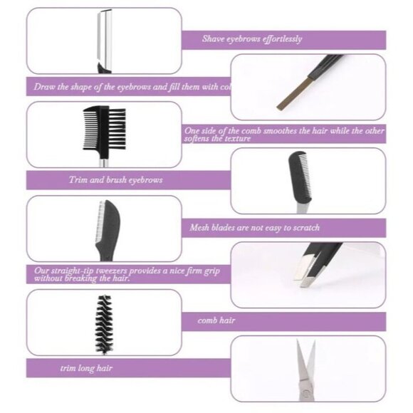 Professional Eyebrow Shaping Kit 8-Pc Set w Pink Leather Bag, Razor, Scissors - Picture 3 of 7